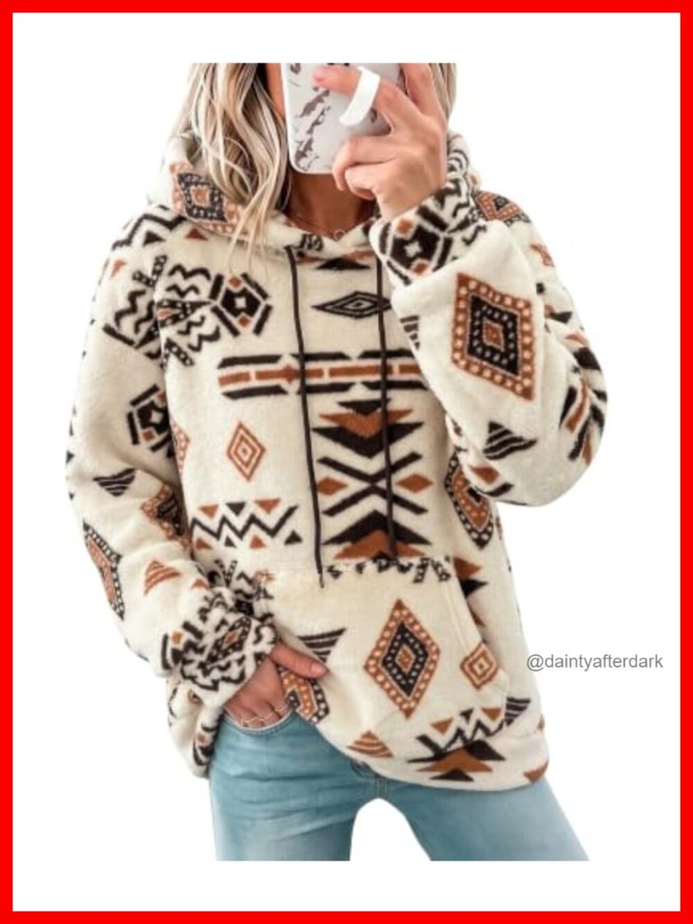 Sherpa Fleece Aztec Graphic Hoodie Long Sleeve Tribal Print Pullover